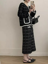 Black and white herringbone tweed Tweed Contrast Trim Jacket and Skirt Set