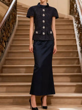 Tweed Jacket and Satin Skirt Set: black sequined jacket with silver floral embellishments