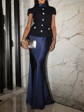 Navy blue satin mermaid gown with black textured floral bodice