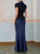 Navy blue mermaid gown with textured short-sleeved bodice and satin skirt in Tweed Jacket and Satin Skirt Set