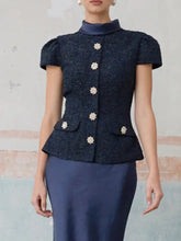 Navy blue tweed peplum jacket with cream floral buttons in Tweed Jacket and Satin Skirt Set