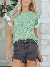 Green and white striped twilled print short sleeve blouse with lace trim and ruffled short sleeve detailing