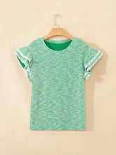 A green and white striped twilled print short sleeve blouse with lace trim and ruffled short sleeve detail on wooden hanger