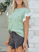 Green and white striped twilled print short sleeve blouse with lace trim and ruffled short sleeve cuffs