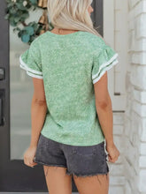 Light green twilled print short sleeve blouse with white diagonal stripes lace trim and ruffled short sleeve details