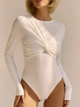 White long sleeve bodysuit with ruched twisted front design ideal for stylish layering and everyday wear