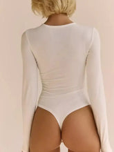 White long sleeve bodysuit with high neckline and back seam detail in a twist front long sleeve bodysuit design
