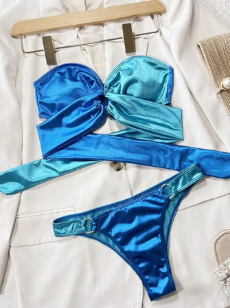 Two Tone Blue Satin Bikini Set with Ring Details Sky Blue Swimwear