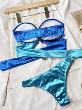 Two Tone Blue Satin Bikini Set with Ring Details