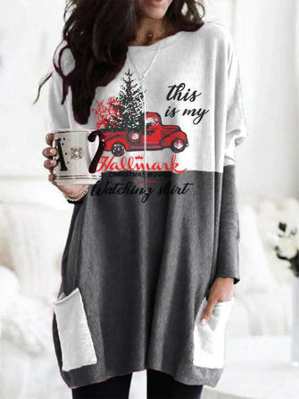 Two Tone Christmas Tunic Dress with Pockets for Women Gray