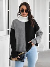 Two Tone Color Block Turtleneck Sweater Moderate Sleeve Length Acrylic Black