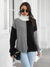 Two Tone Color Block Turtleneck Sweater Moderate Sleeve Length Acrylic Sweater Pullovers
