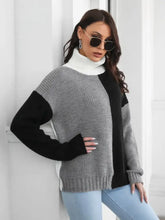 Two Tone Color Block Turtleneck Sweater Moderate Sleeve Length Acrylic Sweater Pullovers