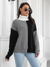 Two Tone Color Block Turtleneck Sweater Moderate Sleeve Length Acrylic Sweater Pullovers