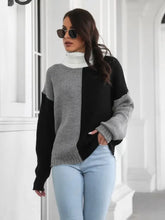 Two Tone Color Block Turtleneck Sweater Moderate Sleeve Length Acrylic Sweater Pullovers