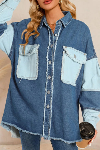 Two-Tone Denim Patchwork Jacket with Raw Hem and Fringe Medium