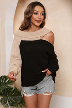 Two Tone Off Shoulder Sweater with Regular Sleeve Length Black