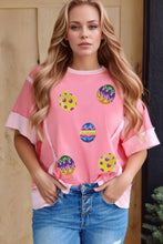 Two Tone Pink Easter Egg Sequin Short Sleeve T Shirt for Women Pink