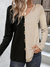 Two Tone Ribbed Knit Top with Decorative Button Detailing Black