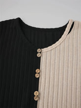 Two Tone Ribbed Knit Top with Decorative Button Detailing