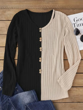 Two Tone Ribbed Knit Top with Decorative Button Detailing
