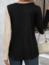 Two Tone Ribbed Knit Top with Decorative Button Detailing
