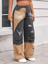 High-waisted two-tone ripped wide leg jeans in dark gray and tan denim with distressed details