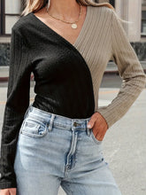 Two-Tone V-Neck Long Sleeve Knit Top for Women