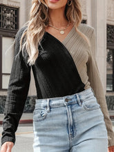 Two-Tone V-Neck Long Sleeve Knit Top for Women