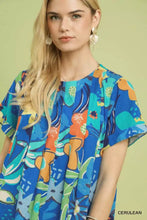 Umgee abstract floral pleated blouse with vibrant blue green and orange floral print and short flutter sleeves