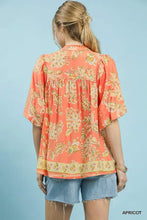 Umgee apricot floral boho blouse with apricot paisley print fabric and ruffled sleeves for stylish wear