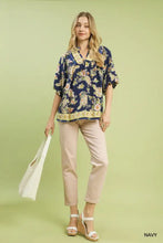 Umgee apricot floral boho blouse navy blue floral print with gold trim and short sleeves for casual wear