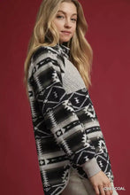 Umgee aztec print sherpa pullover in black white and gray with quilted charcoal chest panel and oversized fit