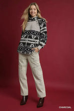 Charcoal sherpa pullover with black and white aztec print, oversized fit, high collar, and button closure knit sweater