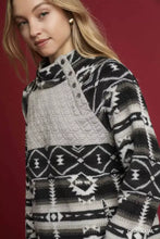 Umgee aztec print sherpa pullover in cozy charcoal fleece with quilted gray chest panel and oversized fit