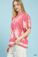 Pink umgee boho print blouse with white embroidered floral patterns split neck and short puffed sleeves