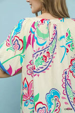 Umgee border print puff sleeve blouse in cream with vibrant multicolored floral and paisley print puff sleeves