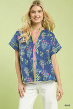 Umgee botanical floral button front top with blue floral print short sleeves and pink green trim for casual wear