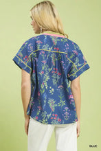 Blue botanical floral button front top with pink trim and yellow stitching short-sleeved for casual wear