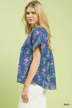 Blue botanical floral button front top with short sleeves and relaxed fit by umgee