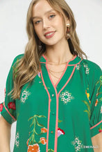 Emerald green umgee botanical print blouse with pink print contrast trim and contrast trim button details