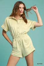 Umgee button down charmeuse romper in butter yellow charmeuse fabric