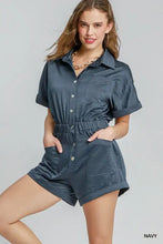 Navy blue Umgee Button Down charmeuse romper, machine wash cold