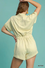 Umgee button down charmeuse romper in butter color, charmeuse fabric