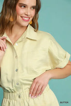 Umgee button down charmeuse romper in butter-yellow charmeuse fabric
