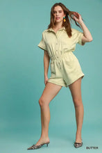 Umgee Button Down charmeuse romper in light yellow, machine wash cold