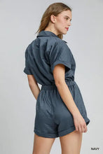 Navy blue Umgee button down charmeuse romper, machine wash cold