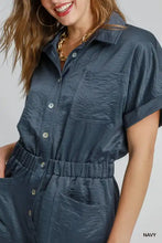 Navy blue Umgee Button Down charmeuse romper, machine wash cold