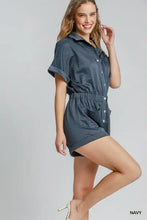 Navy blue Umgee Button Down charmeuse romper, machine wash cold