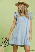 Light blue chambray ruffled denim dress with side pockets featuring ruffled sleeves and hem by Umgee